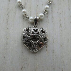 VCLM Necklace Heart Pendant 17" Silver Tone Imitation Pearl Station Rhinestones